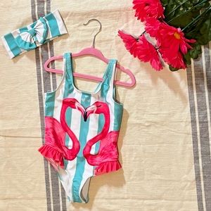 Little girl flamingo swim suit with matching bow; size 4/5 year